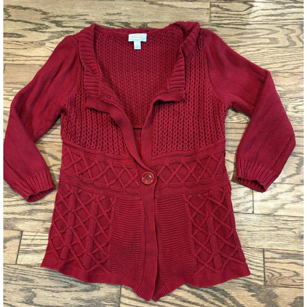 Talbots Red Knit Cardigan Sweater Button Textured Cable Design L Cashmere Blend